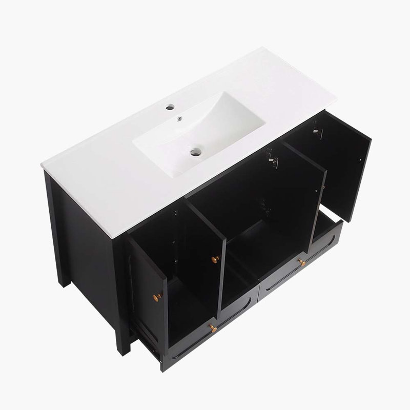 Meuble-lavabo noir 48 po avec lavabo en résine, armoire de rangement abondante - 4 portes à fermeture douce et 2 tiroirs