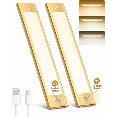 V4light 2-Pack Rechargeable Motion Sensor Under Cabinet Lights, Dimmable, 3 Color Temperatures, Gold