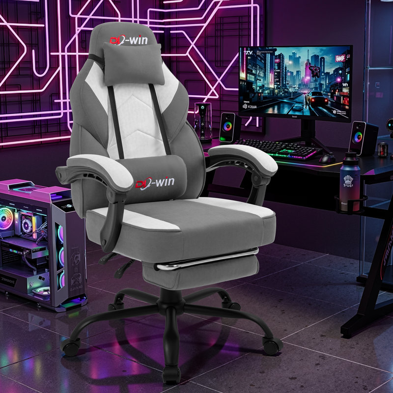 Adjustable Reclining Ergonomic Fabric Gaming Chair with Footrest and Lumber Support, Gray