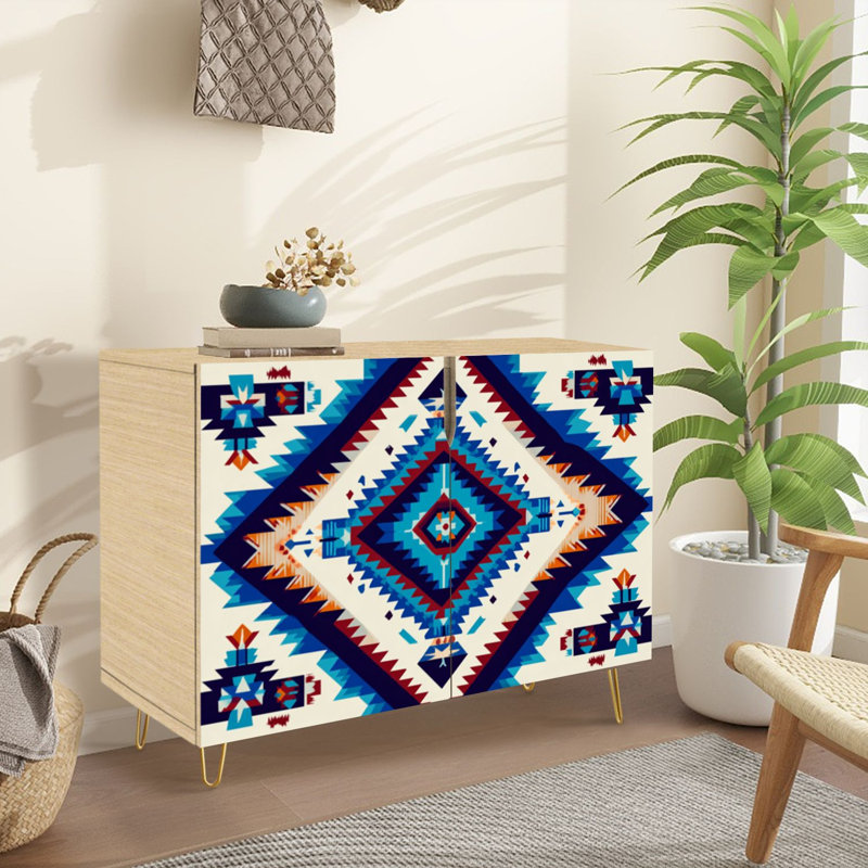 Buffet Buffet avec rangement Tribus amérindiens à motifs géométriques colorés avec 2 portes pour le salon et la cuisine