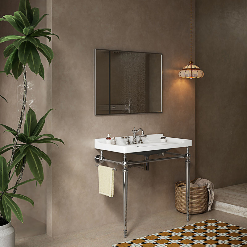 Lavabo console de salle de bain, lavabo mural avec 3 trous pré-percés et pieds, Chrome/blanc