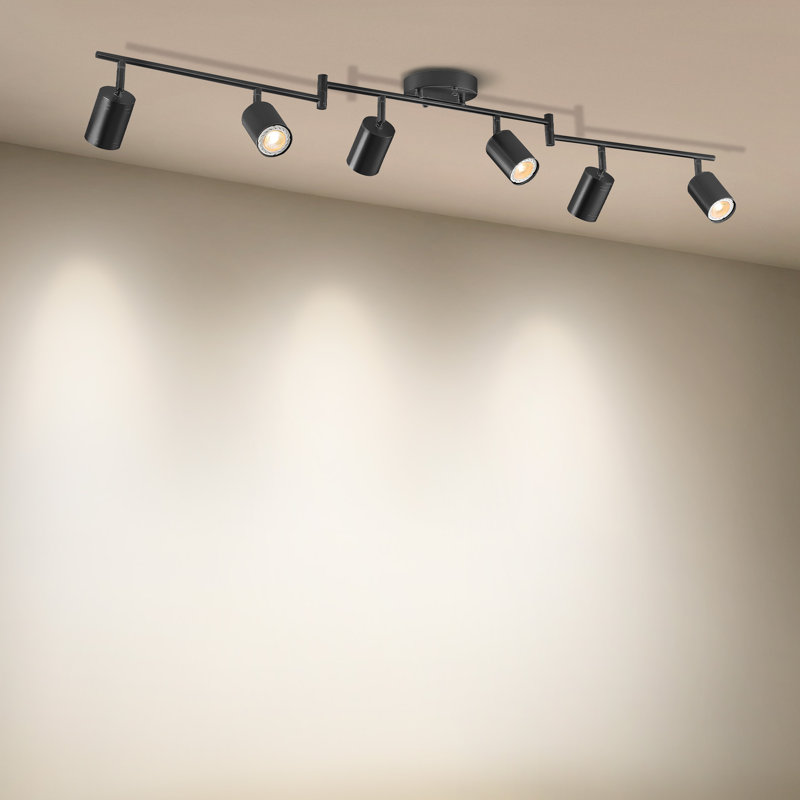Luminaire sur rail 6 lumières avec têtes réglables et 6 ampoules incluses, Noir mat, Noir, noir, noir, noir