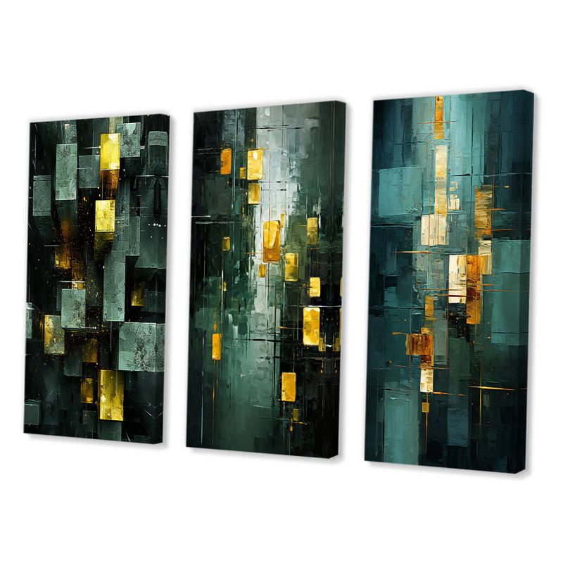 Emerald Reflections Abstract Cubist - Ensemble de 3 peintures abstraites, Toile tendue, H 20 po x l 36 po