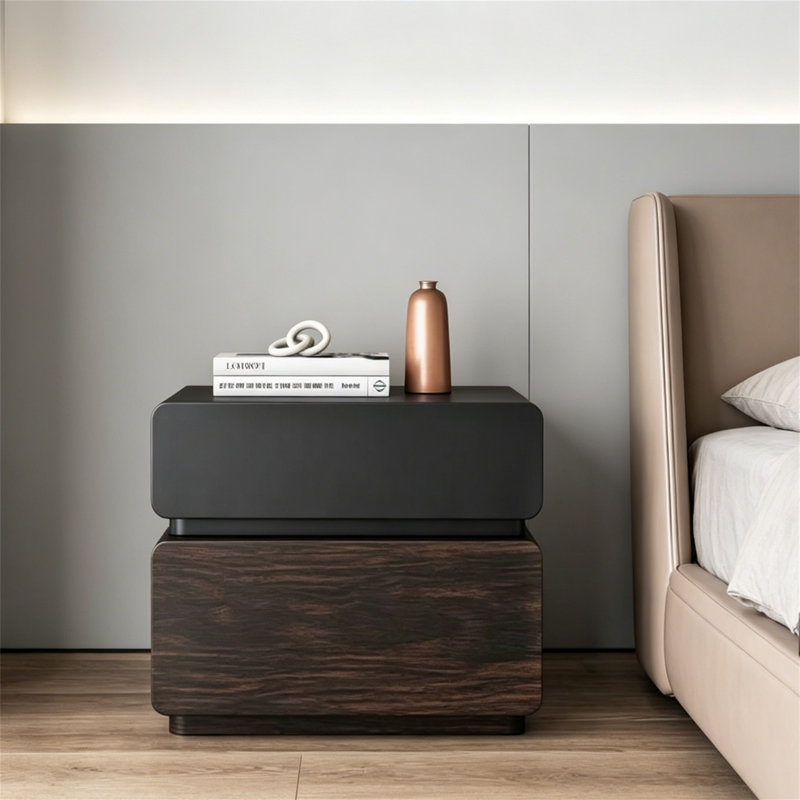 Table de chevet moderne et minimaliste en bois massif, table de chevet 2 tiroirs 19,7 po, noir mat et noyer texturé entièrement assemblé