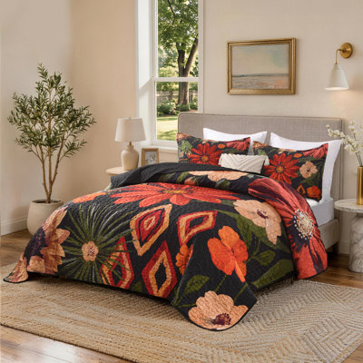 Floral Boho Queen Quilt Bedding Set Black, 3 Pieces Farmhouse Flower Botanical Summer Bedspreads with 2 Shams, Soft Reversible Lightweight Microfiber Coverlet Set for All Season, 90"x96"