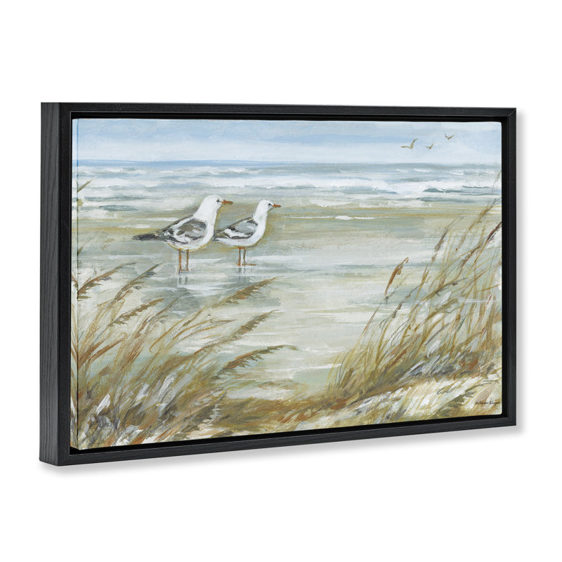 "Seagulls debout sur la plage", art mural par Susan Winget, Cadre flottant noir de jais, H 17 po x l 25 po