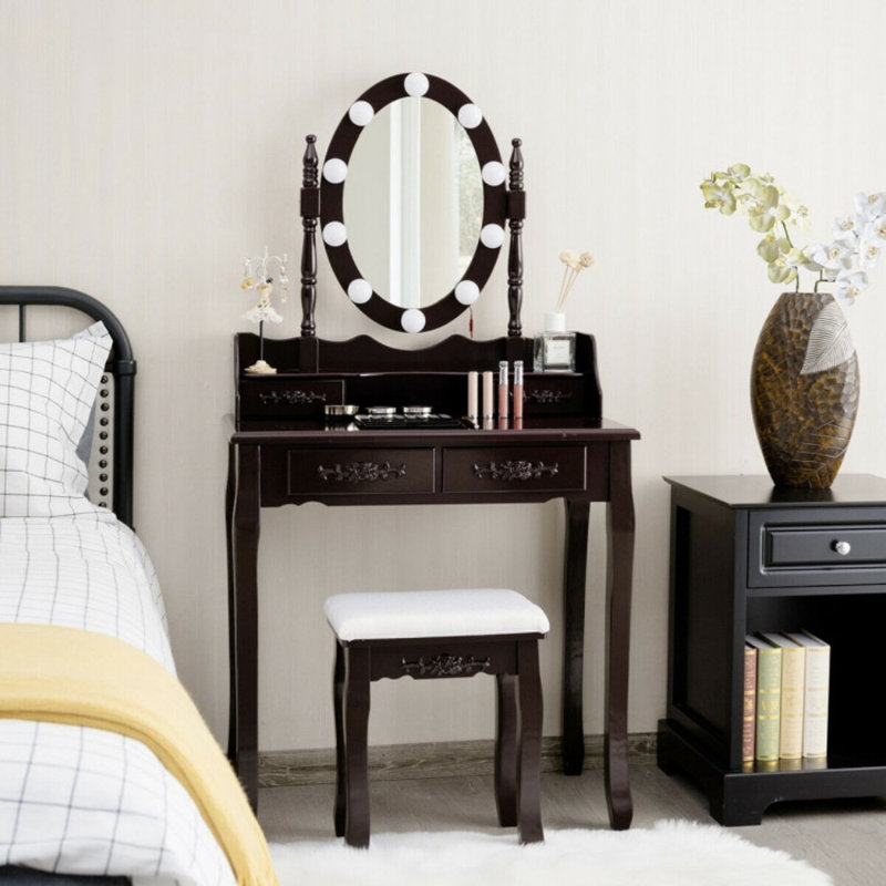 Makeup Dressing Table with Touch Switch Lighted Mirror and Cushioned Stool, Brown
