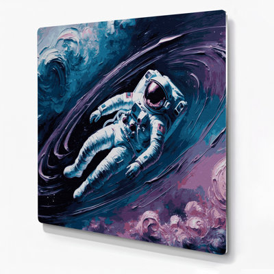 SciFi Astronaut floating in colorful nebula Gray Metal Wall Art