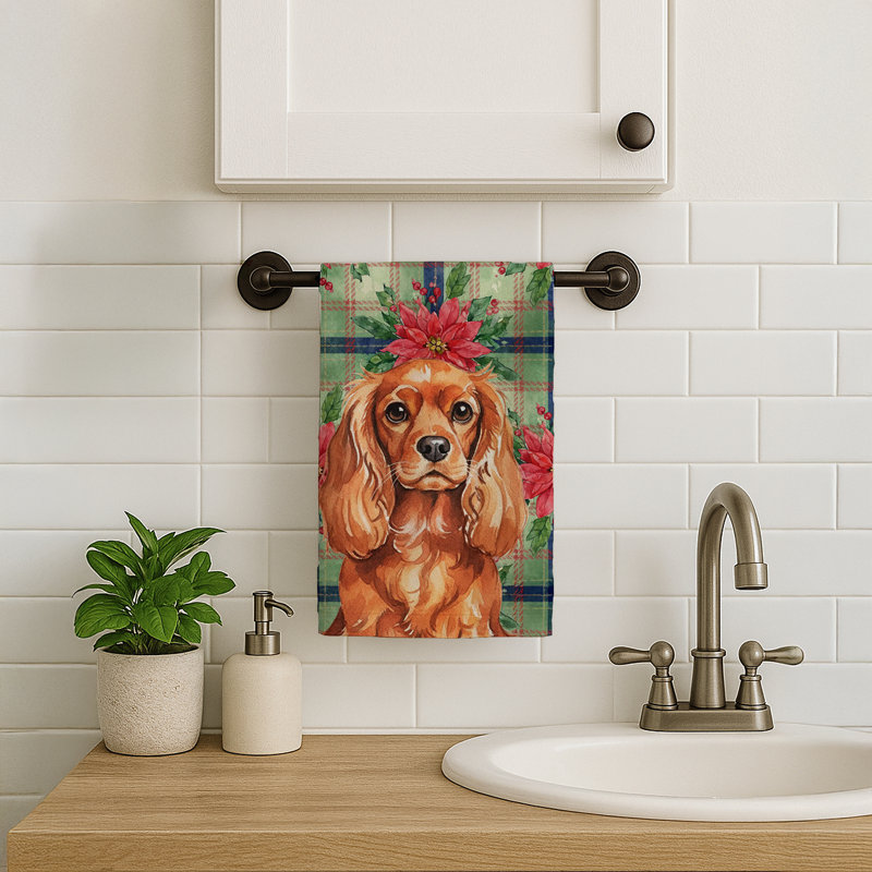 Ruby English Toy Spaniel Christmas PoinsettIas Kitchen Towel, Ruby English Toy Spaniel