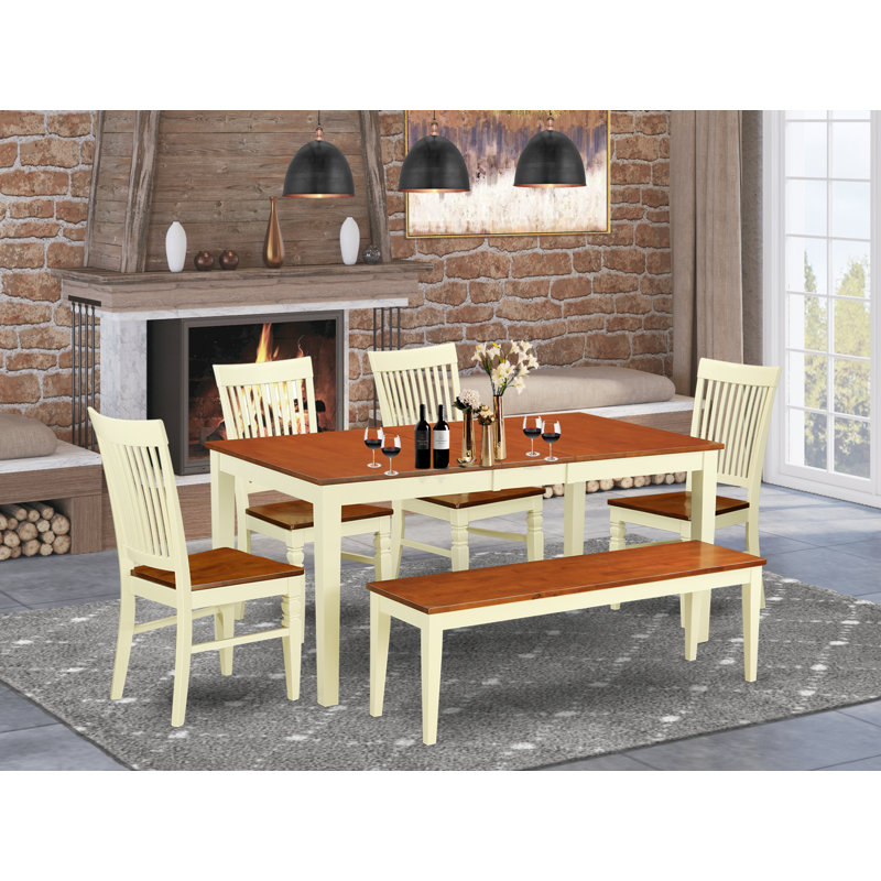 6 Piece Kitchen Table Set Contains a Rectangle Dining Table with Butterfly Leaf and 4 Dining Chairs with a Bench, Buttermilk & Cherry
