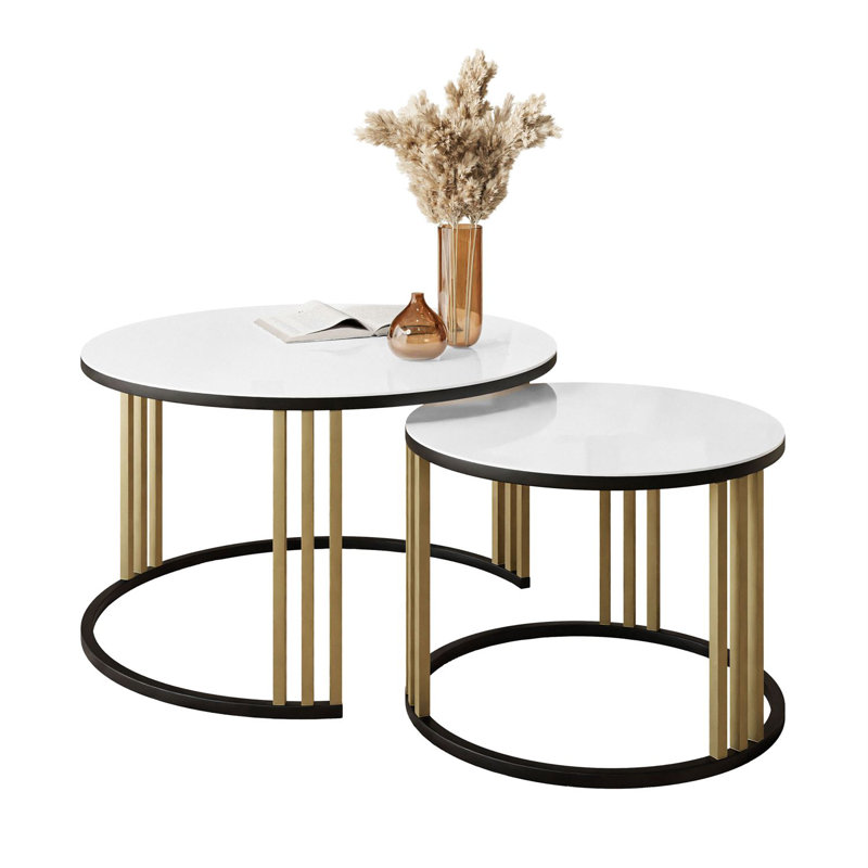 Downey 2 Piece Coffee Table, Black/Gold, White Glass