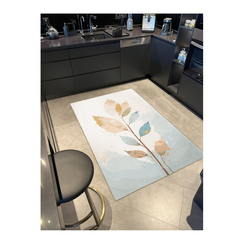 Tapis décoratif beige moderne à motif de feuilles lavable à la machine, Tapis de couloir 4 pi 11 po x 9 pi 10 po