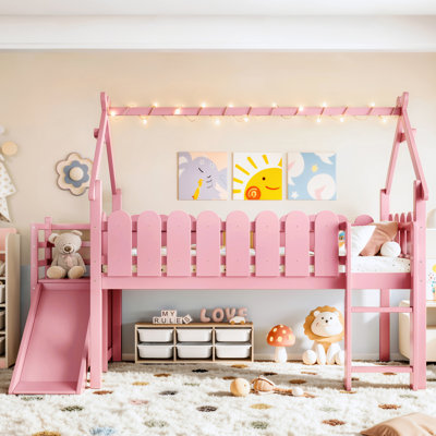 Lit mezzanine simple Storybook avec escalier, échelle, tablettes de rangement et lumières DEL