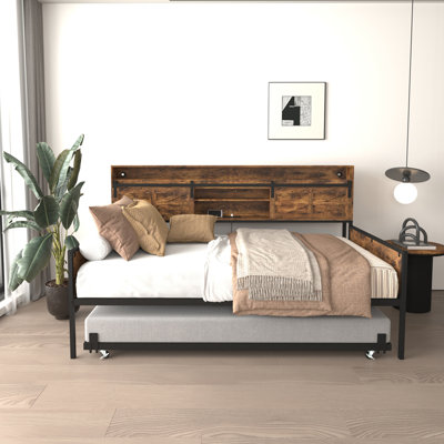 Farmhouse Twin Daybed with Trundle, Barn Door Headboard with LED Light and Charging Station, Wood Frame Daybed for Bedroom or Guest Room, Rustic Brown by Ivy Bronx