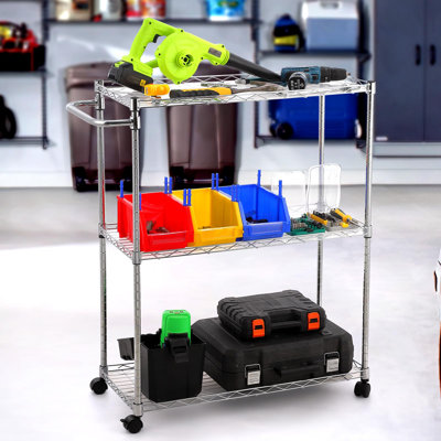 3-Tier Adjustable Kitchen Rolling Carts On Wheel, Commercial Grade Metal Service Cart, Steel Heavy Duty Utility Cart