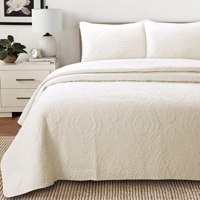 Ivory Cotton Reversible 3 Piece Queen Quilt Set, Queen Quilt + 2 Standard Shams, Ivory