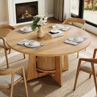 47 Inch Round Dining Table For 4-6 People With Built-in Storage Cabinet, Mid-century Modern Kitchen Table For Dining Room, Kitchen, Living Room (natural Wood)