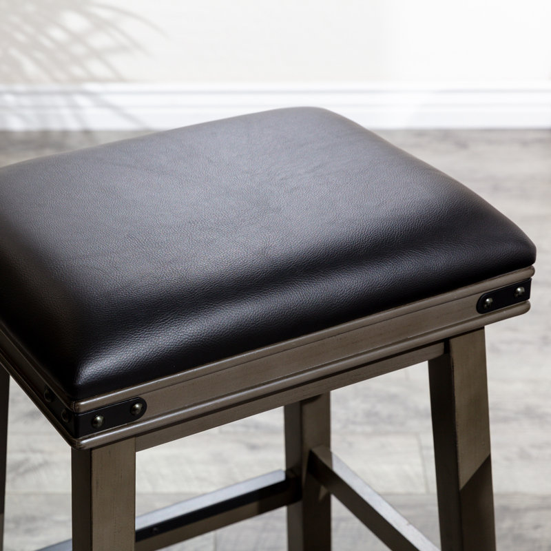 Tabouret de comptoir 24 po, finition blanc antique, siège en cuir noir, Black Seat/ White Frame