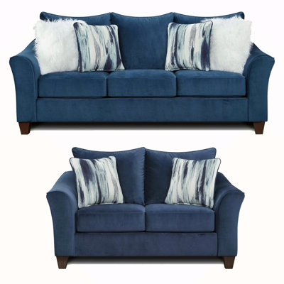 Ensemble de salon, canapé et causeuse en tissu 2 pièces Camero, bleu marine, confortable et élégant