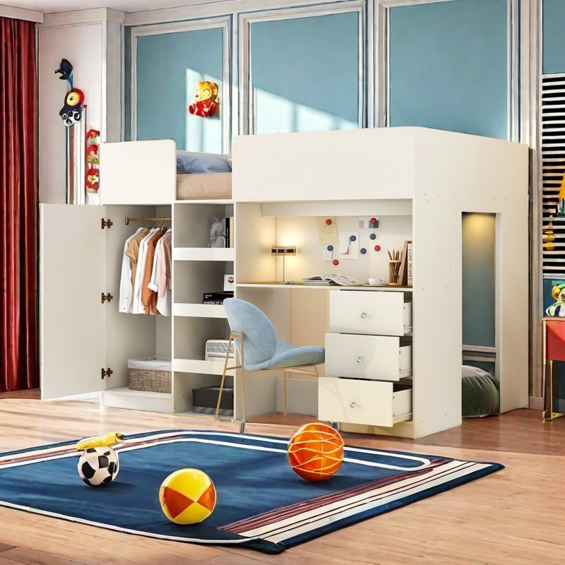 Aniella Kids Full Loft Bed with Drawers, Beige