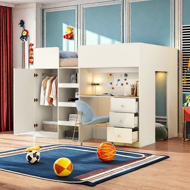 Lit mezzanine double avec tiroirs Aniella Kids, Beige