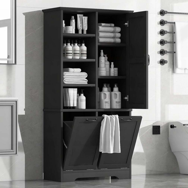 Armoire de rangement de salle de bain avec portes et tiroirs, panier à linge inclinable, plusieurs espaces de rangement, Noir