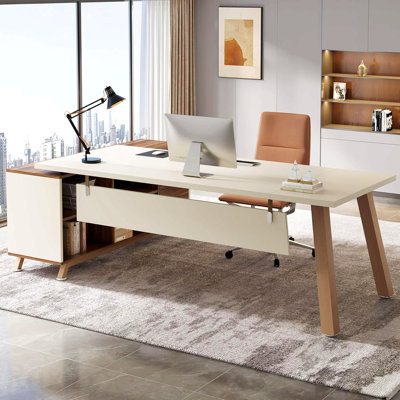 78.7" L-Shaped Executive Desk, Walnut & White Large Modern Computer Desk with 55" File Cabinet & Storage Shelves