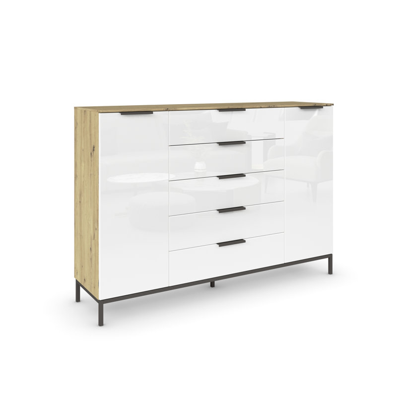 5 - Drawer Chest of Drawers, Oak/White Glass/Graphite