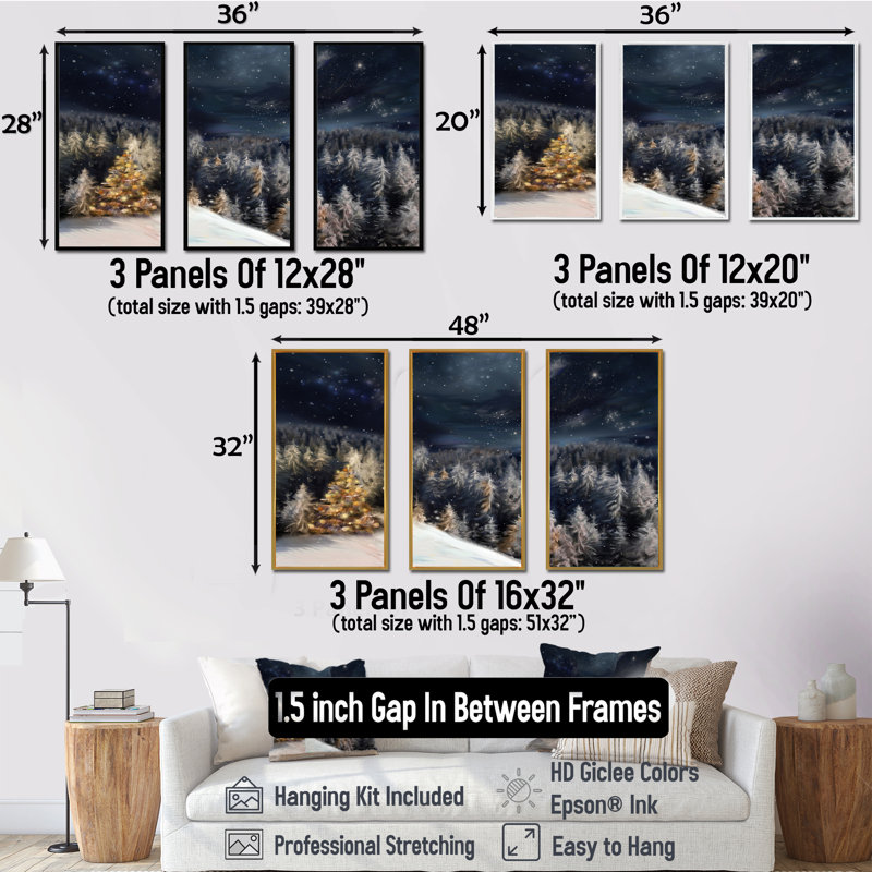 «Night Forest Christmas Tree», ensemble d'art mural sur toile encadré paysage, Or, H 20 po x l 36 po