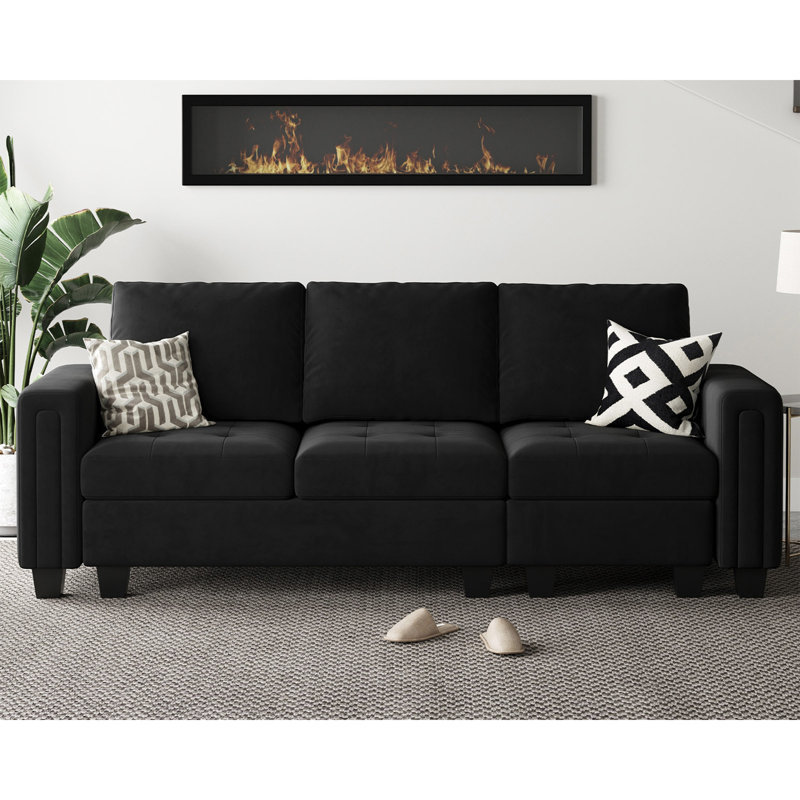 Shavera 83.4'' Velvet Modular Sofa 3-Seat Small Couch Apartment Sofa, Black