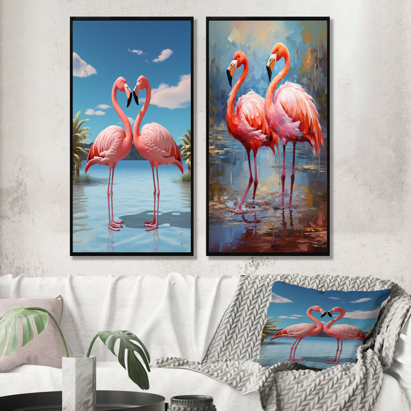 Flamingo Beach Couple II - ensemble de 2 décorations murales tropicales côtières, Cadre noir, H 28 po x l 25 po