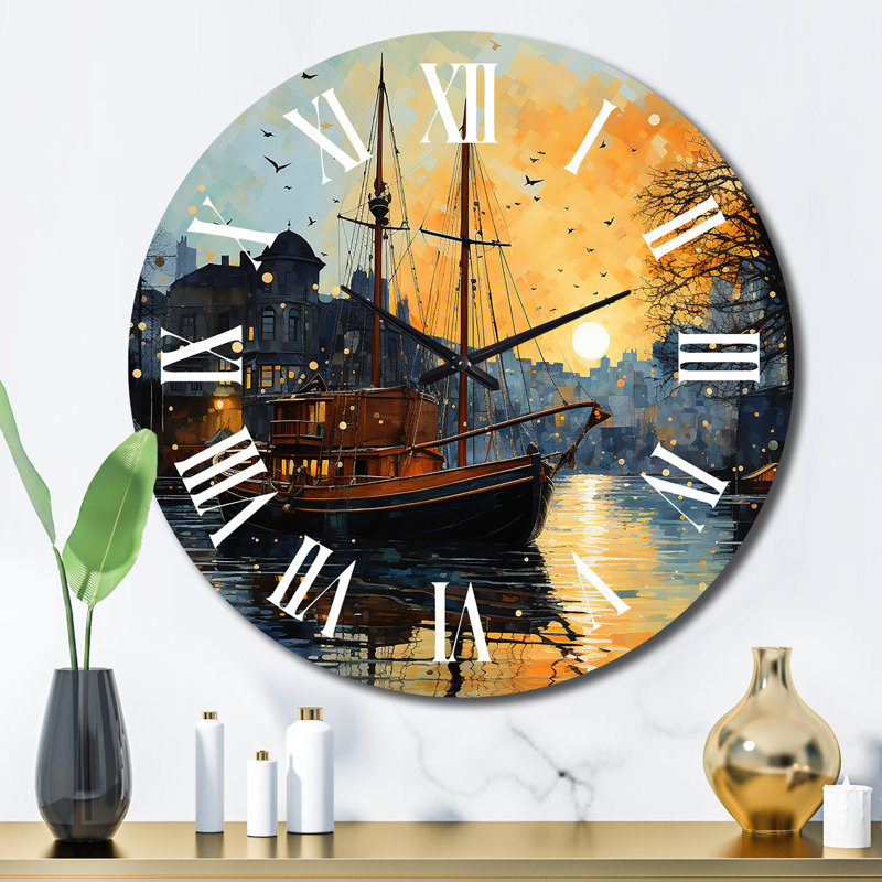 Port côtier de la tranquillité X - horloge murale nautique et plage, Grand