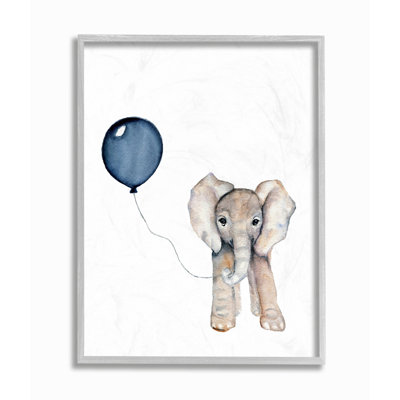 Baby Elephant with Blue Balloon Gray Farmhouse Rustic Framed Giclee Texturized Art