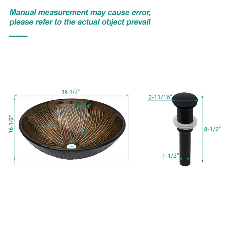 Artistic Feather Pattern Amber Tempered Glass Vessel Sink With Pop-Up Drain (No Faucet), Amber