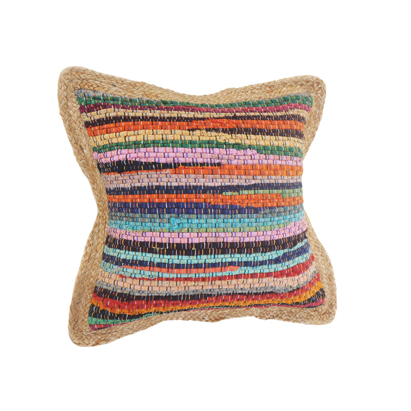 Multicolor Chindi Cotton and Jute Border 20" Square Throw Pillow