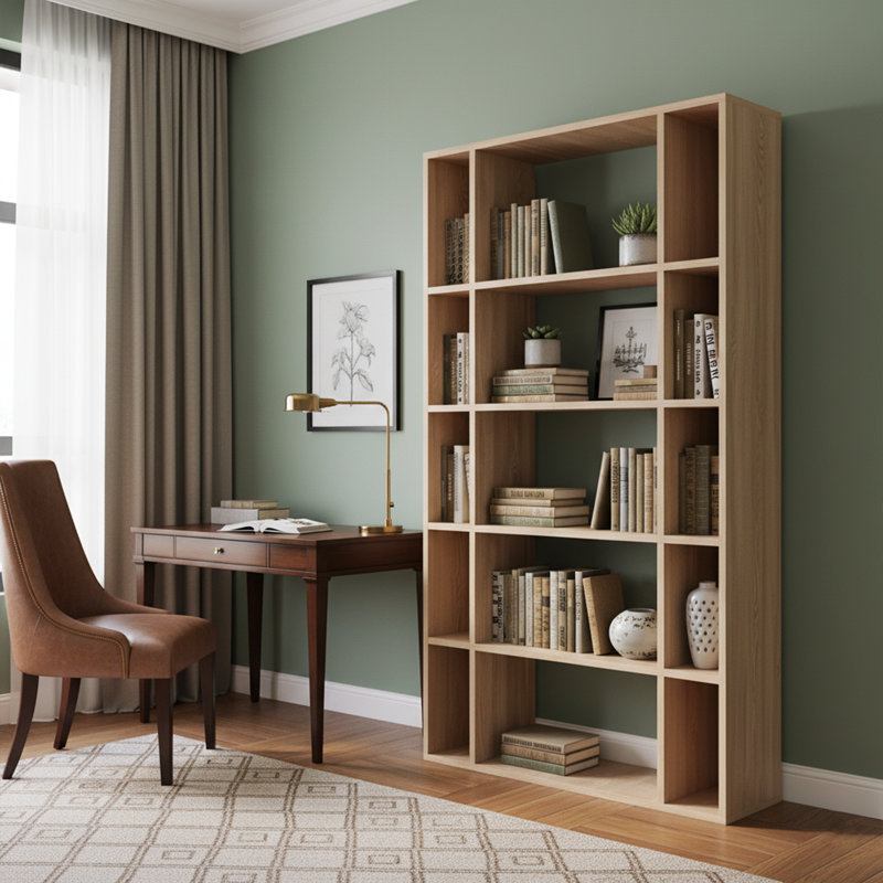 Scandinavian Style Bookshelf, Oak Color, 35.4 x 9.8 x 64.4 inches | 100% Melamine Coated Particle Board, Thickness: 0.7 inches | Numerous Shelves, Wall-Mountable Design | Perfect for Home or School Use