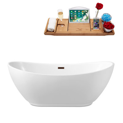62" Streamline Freestanding Soaking Acrylic Bathtub With Drain and Bamboo Tray