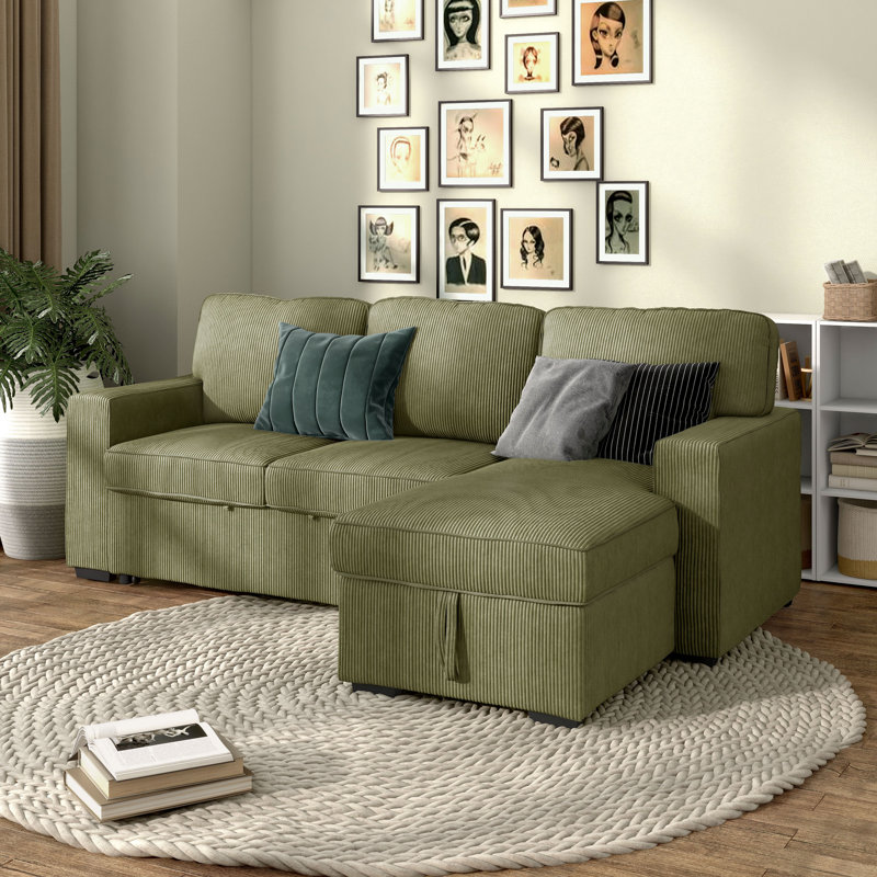 Maslynn 3-Piece Reversible Corduroy Pull-Out Sleeper Sectional with Storage, Green Corduroy