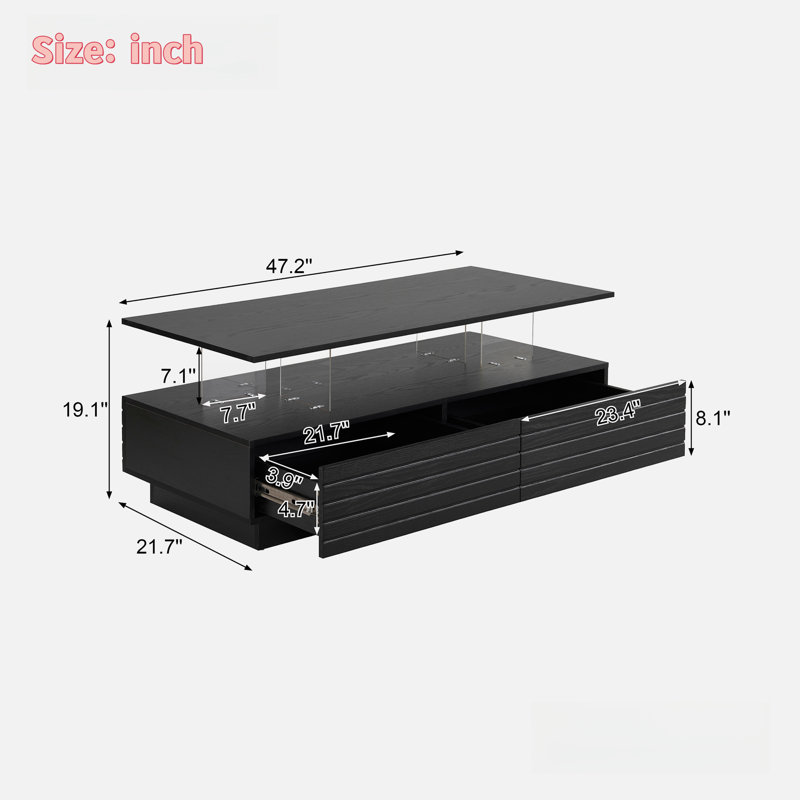 Modern Rectangular Coffee Table With Led Lights, 2 Drawers And Open Storage Shelf, Black