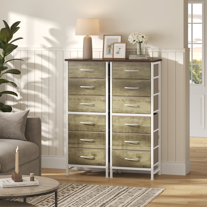 6 Drawer Dressers & Chests of Drawers, Fabric Dresser for Closet, Living Room, Night Stand with Metal Frame, Storage Tower with Fabric Bins, Wood Top
