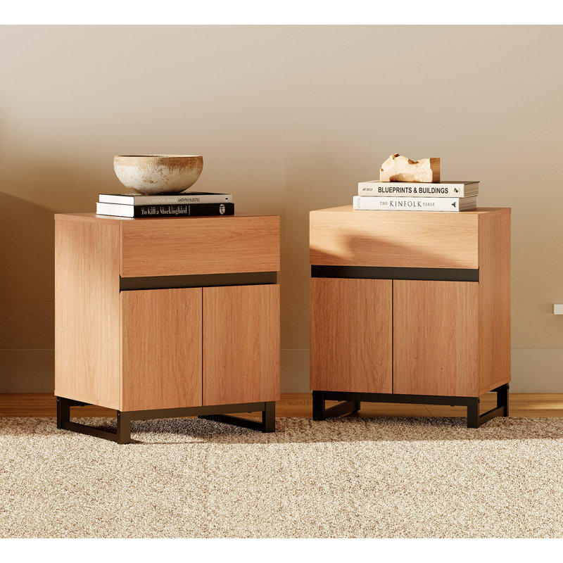 Epping 2 Piece Modern End Table With 1 Drawer & 1 Storage Cabinet, Farmhouse Sofa Table, Wooden Rustic Side Sofa Table With Metal Leg For Living Room, Nighstand For Bedroom
