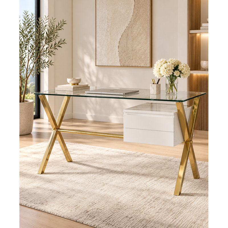 Bureau d'écriture Pangea Home Beverly - Bureau d'écriture moderne de 51 po - Bureau pour espace de travail à domicile ou chambre à coucher - Laque blanche avec bureau en X doré