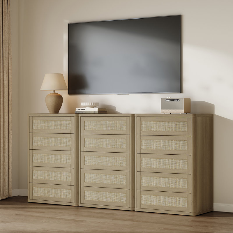 Commode 5 tiroirs Boho-Rattan, Chêne ambré, 1