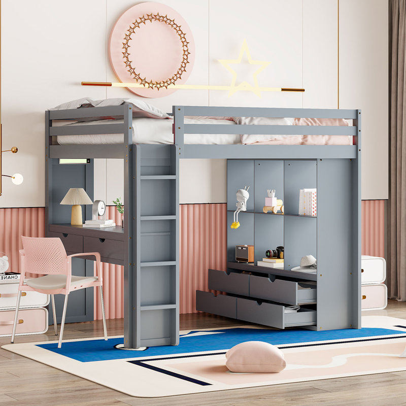 Leda Storage Loft Bed with Desk, Bookcase and LED Lights, Gray, Full