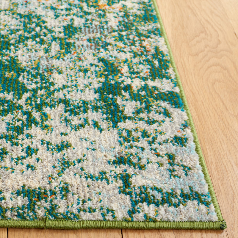 Green and Blue Abstract Stain-Resistant Wool Rug, 3' x 5'
