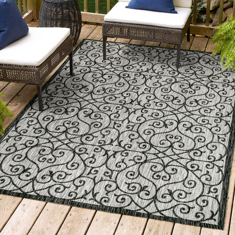 Tapis d'intérieur / extérieur gris clair / noir Deronte, Rectangle 10 pi x 14 pi