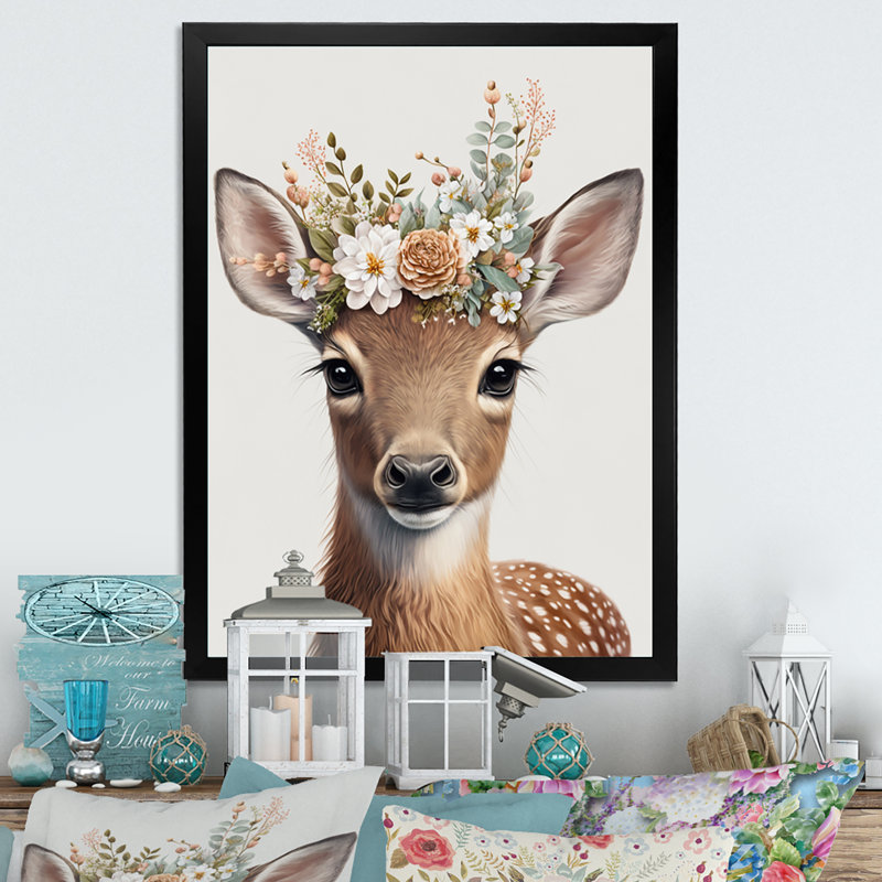 Mignon bébé cerf avec couronne florale I - animaux, art mural sur toile, L 30 po x H 40 po, Toile avec cadre photo noir