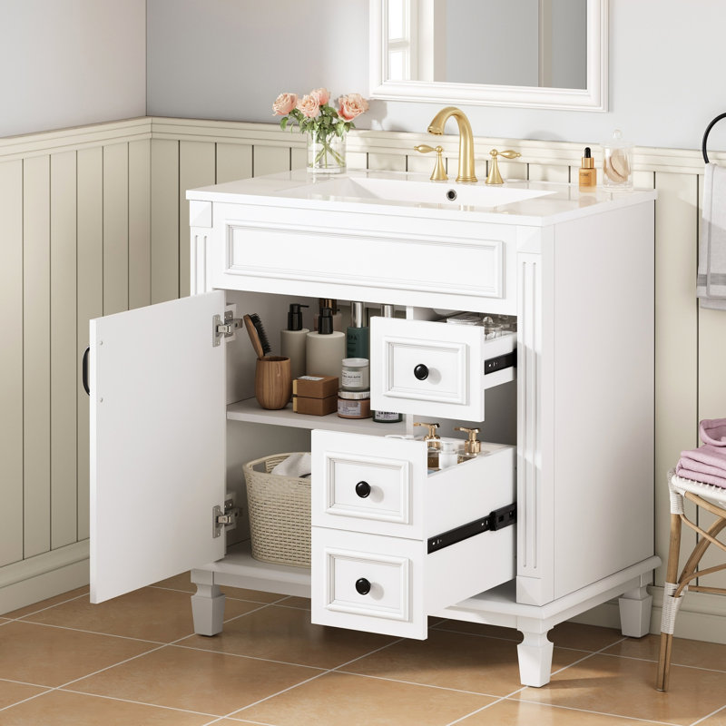 Meuble-lavabo de 30 po avec lavabo en céramique, deux tiroirs et tablette réglable - silencieux pour une petite utilisation