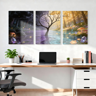Forêt fantastique avec champignons et cristaux - Ensemble de 3 tableaux sur toile tendue