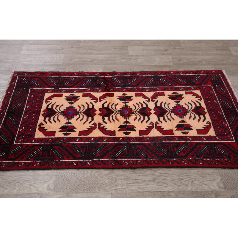 Tapis rouge / beige en laine nouée à la main de conception unique nouvel âge 2 pi 11 po x 6 pi Stcyr
